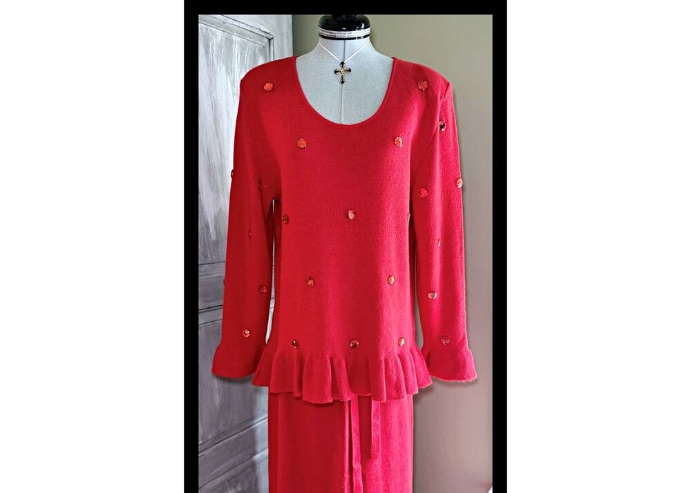 PINK HOUSE Japan Vtg 1980's Bijoux Knit Top & Skirt Set Red Padded Shoulders
